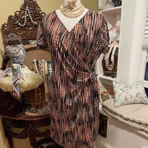 Anne Klein 3X EUC Black & Brown Dotted Faux Wrap Dress
